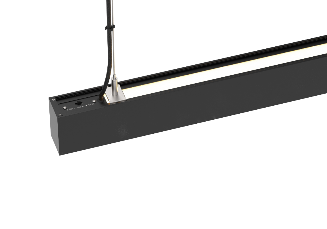 LS4575 Linear Light Fixture 0-10V Controlled Dimming 3000K 4000K 6000K Color Changing, Black Ceiling Shop Light, Suspended Office Lighting Fixture